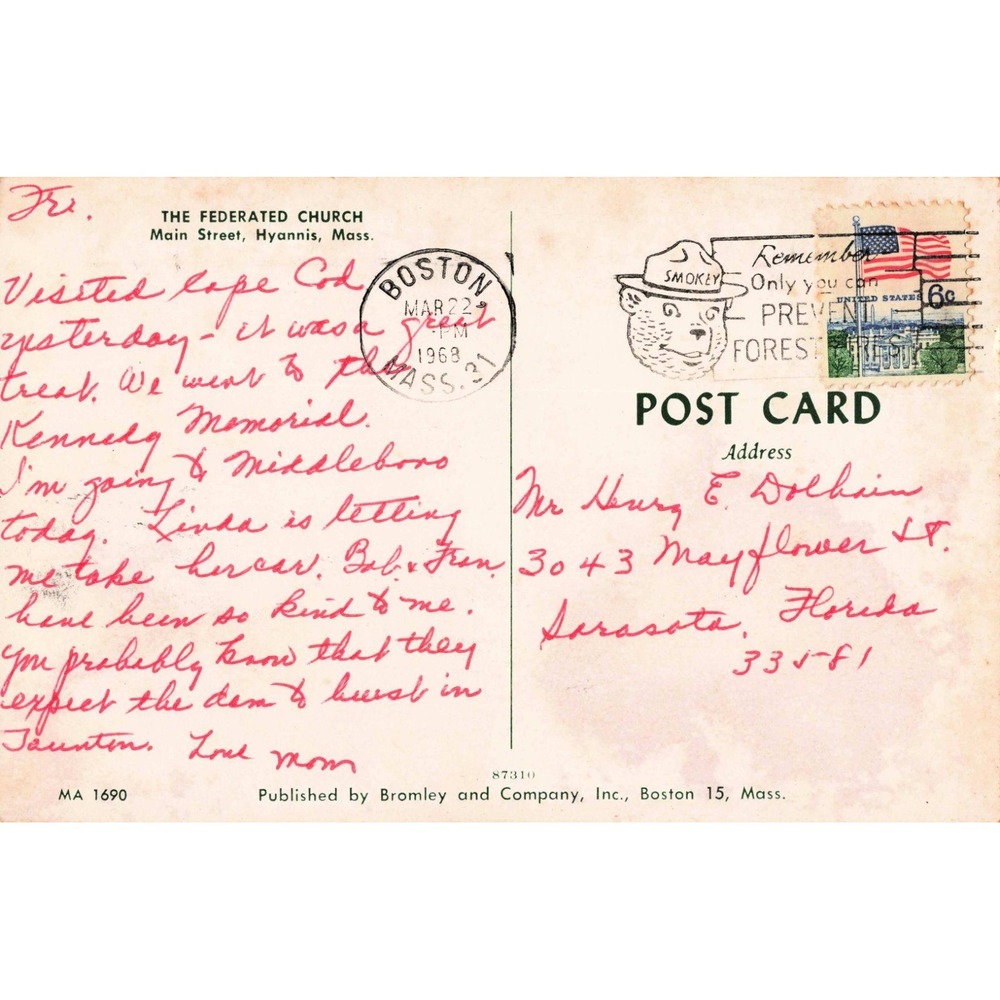 Vintage 1968 Federated Church Hyannis Massachusetts Postcard MA 1690 Bromley Co - Picture 2 of 2
